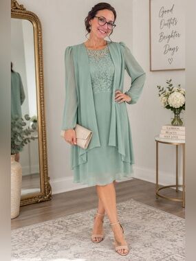 Ursula of Switzerland Size 18 Mint Lace Beaded Chiffon Formal Dress